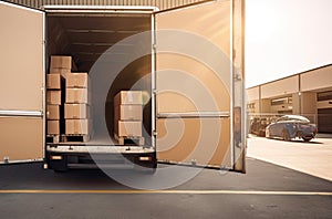 delivery shipping courier service van transportation vehicle in logistic distribution center warehouse open door cardboard carton