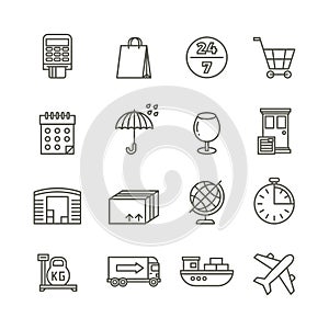 Delivery shipping logistics and cargo transport vector line icons