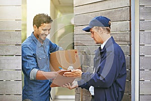 Delivery, sign and man in home with box for shipping, logistics and online shopping with courier. Ecommerce, paperwork