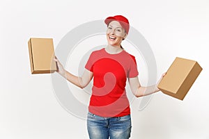 Delivery smiling woman in red uniform isolated on white background. Female in cap, t-shirt, jeans working as courier or