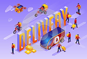 Delivery special vehicles and couriers and isometric word Delivery isometric icon on isolated background