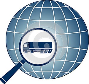 Delivery symbol with magnifier, lorry and planet