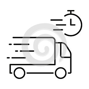 Delivery Time Line Icon. Fast Shipping Service Linear Pictogram. Express Shipment Outline Symbol. Speed Truck with Clock