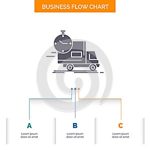 delivery, time, shipping, transport, truck Business Flow Chart Design with 3 Steps. Glyph Icon For Presentation Background