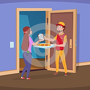 Delivery to home. Boy deliver handing pizza and woman customer paying order. Home delivery food vector concept