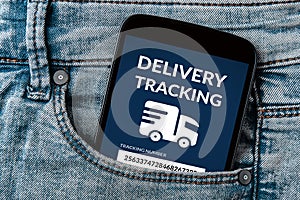 Delivery tracking concept on smartphone screen in jeans pocket