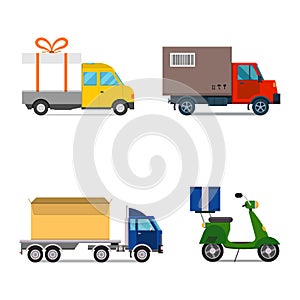 Delivery transport cargo truck and scooter shipping vector illustration.