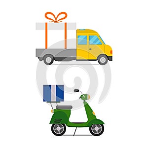 Delivery transport gift box truck and scooter shipping vector illustration.