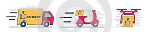 Delivery transport icon set, scooter, bus, drone. Delivery service express. Logistic icon for app in linear with color style