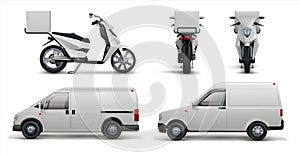 Delivery transport. Realistic scooter, car and van for delivering food and packages to home and offices. Vector delivery