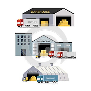 Delivery and transportation of logistics, warehouse, forklift truck. Set of flat vector web banners on the theme of logistics,