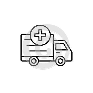 Delivery truck add plus icon. loading shipment item or medical transportation illustration. simple outline vector symbol design.