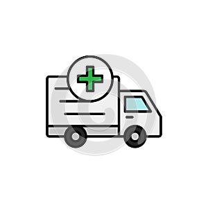 Delivery truck add plus icon. loading shipment item or medical transportation illustration. simple outline vector symbol design.