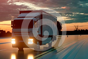 Delivery truck on asphalt road highway at sunset - transportation background. 3d rendering