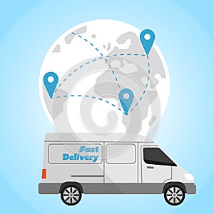 Delivery truck on background of globe