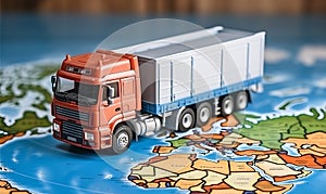 Delivery truck on the background of the world map. Transport services, logistics and freight transport concept. Global