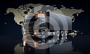 Delivery truck on the background of the world map. Transport services, logistics and freight transport concept. Global