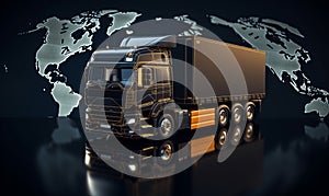 Delivery truck on the background of the world map. Transport services, logistics and freight transport concept. Global