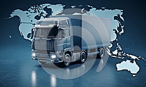 Delivery truck on the background of the world map. Transport services, logistics and freight transport concept. Global
