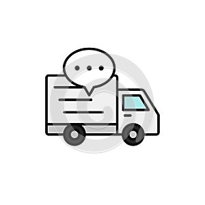 Delivery truck with balloon chat icon. shipment loading item illustration. simple outline vector symbol design.
