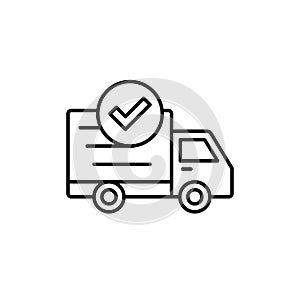 Delivery truck check icon. done checking, success shipment item illustration. simple outline vector symbol design.