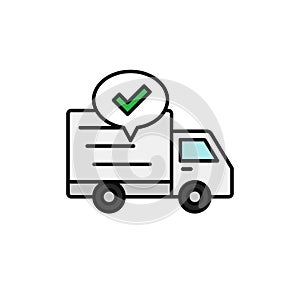 Delivery truck check icon. shipment item success illustration. simple outline vector symbol design.