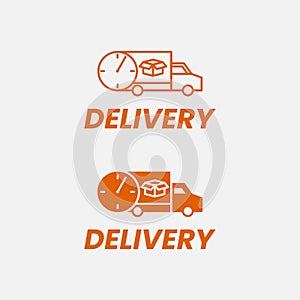 Delivery Truck with Clock Timer in Two Style Line and Solid Logo Design Template