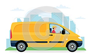 Delivery truck concept, male courier character driving yellow delivery car. Vector illustration in flat style
