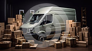 Delivery truck. Delivery van and many cardboard boxes. The warehouse of the company for the delivery of goods. Generative AI