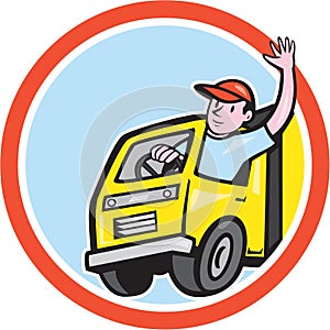 Delivery Truck Driver Waving Circle Cartoon