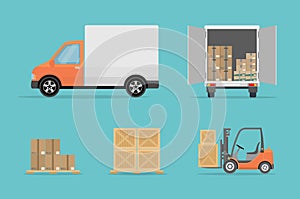 Delivery truck, forklift and different boxes. Isolated on blue background.