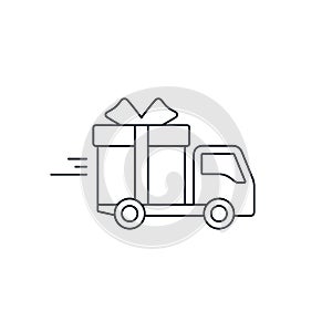 Delivery truck with gift box. Free Delivery concept, stroke flat style illustration isolated on white background