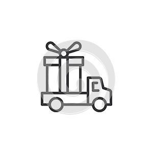 Delivery truck with gift box outline icon