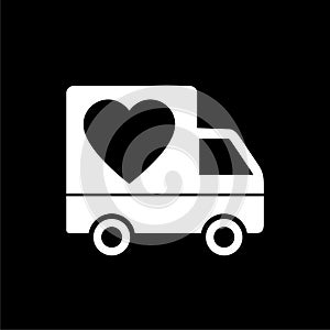 Delivery truck with heart icon isolated on dark background