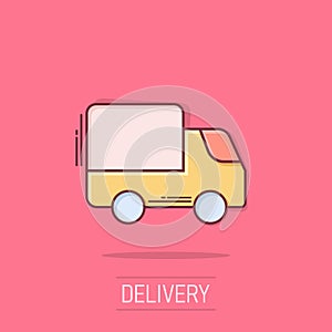 Delivery truck icon in comic style. Van cartoon vector illustration on isolated background. Cargo car splash effect business