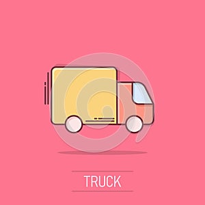 Delivery truck icon in comic style. Van cartoon vector illustration on isolated background. Cargo car splash effect business