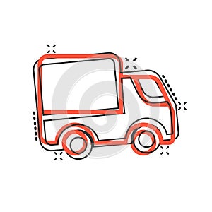 Delivery truck icon in comic style. Van cartoon vector illustration on white isolated background. Cargo car splash effect business