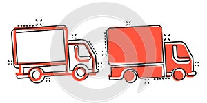 Delivery truck icon in comic style. Van cartoon vector illustration on white isolated background. Cargo car splash effect business