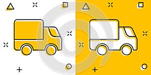 Delivery truck icon in comic style. Van cartoon vector illustration on white isolated background. Cargo car splash effect business