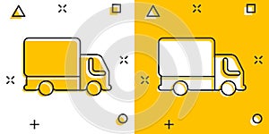 Delivery truck icon in comic style. Van cartoon vector illustration on white isolated background. Cargo car splash effect business