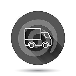 Delivery truck icon in flat style. Van vector illustration on black round background with long shadow effect. Cargo car circle