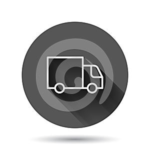 Delivery truck icon in flat style. Van vector illustration on black round background with long shadow effect. Cargo car circle