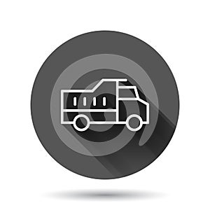 Delivery truck icon in flat style. Van vector illustration on black round background with long shadow effect. Cargo car circle