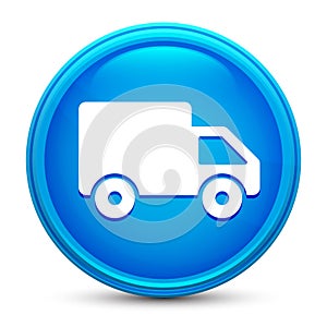 Delivery truck icon glass shiny blue round button isolated design vector illustration