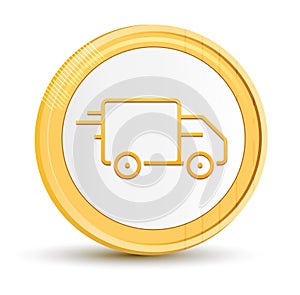 Delivery truck icon gold round button golden coin shiny frame luxury concept abstract illustration isolated on white background