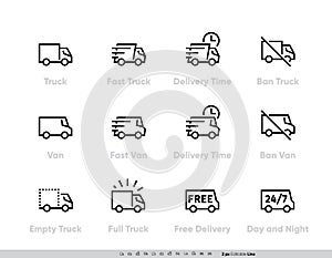 Delivery Truck icons set. Fast Truck, Minibus, Van, Delivery in Time, Ban, 24-7 Free Delivery. Vector Editable Line