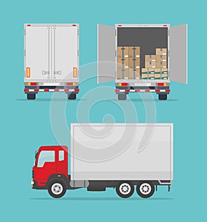 Delivery truck isolated on blue background. Side and  back view. Transport services, logistics and freight of goods.