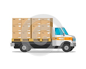 Delivery truck isolated with parcel cargo boxes vector illustration, flat cartoon freight van or courier lorry