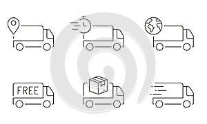 Delivery Truck Line Icon Set. Fast Van, Free Shipping Transport Linear Pictogram. Cargo Transportation Outline Symbol