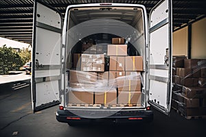 Delivery truck loaded with packaged orders ready for distribution. Generative AI